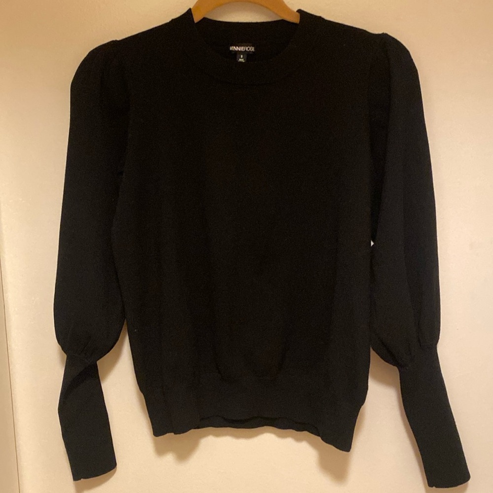 Minnie Rose Black Sweater with Puffed Shoulders and forearm band.